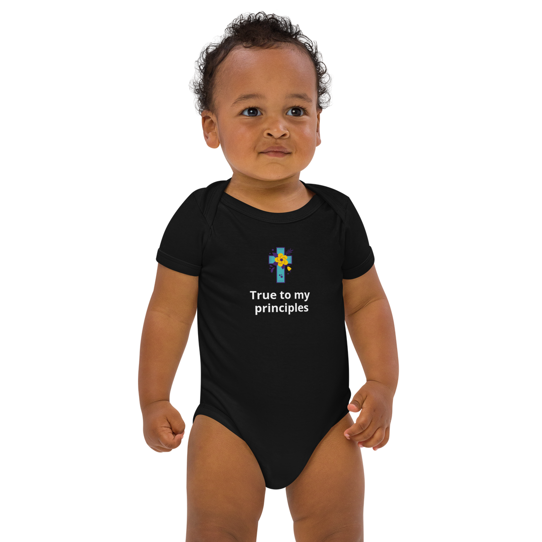 Live With Purpose Organic Cotton Baby Bodysuit - True Principles in Black: Soft, Stretchy, and Sustainable Infant Fashion.